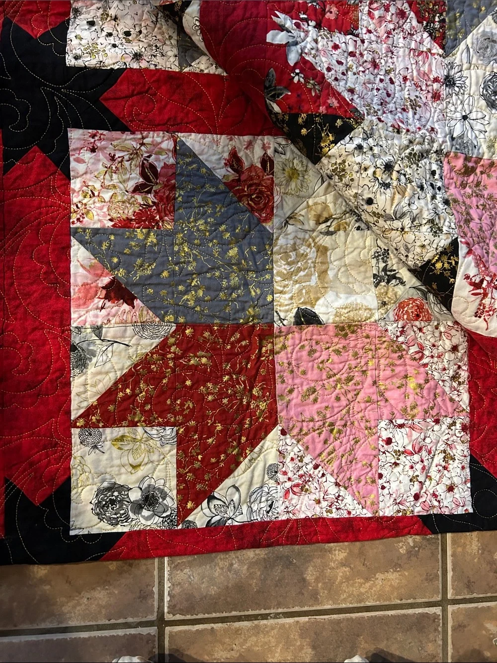 ONE IF A KIND - HANDCRAFTED Floral  Quilt - Red, Black, Pink and White.